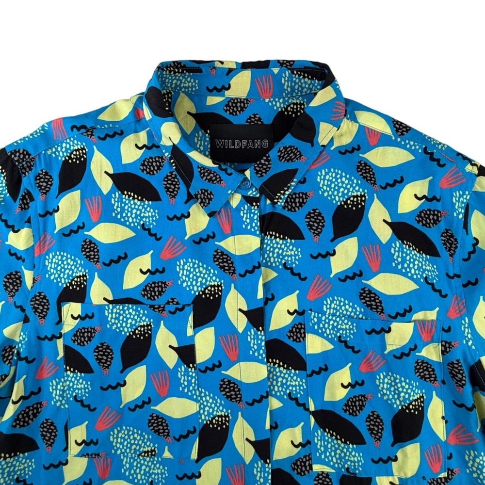 Wildfang Womens Abstract Botanical Print Short Sleeve Button Down Shirt Blue L